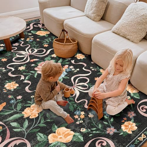 Black Rug Bow Floral Rug for Girls, 2x3 Washable Small Area Rug for for Entryway, Kitchen, Front Door Indoor Entrance, Non Slip Carpet for Bathroom Bedroom Living Room - color: Aa#black(bow Floral), size: 2' x 3' (Rectangular)