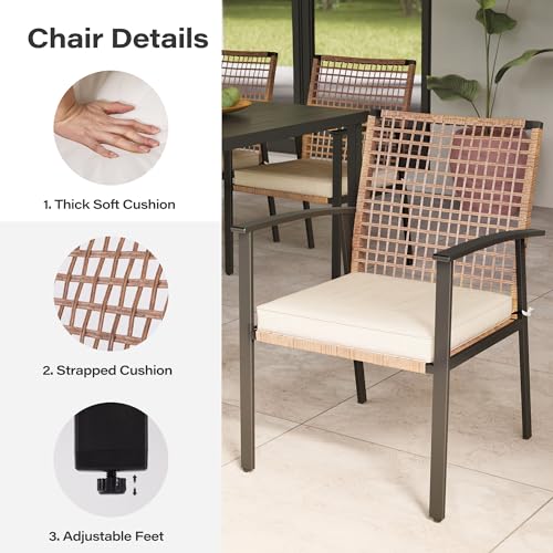 LAUSAINT HOME 7 Pieces Patio Dining Set, Outdoor Furniture Set of 6 Chairs with Soft Cushion and Iron Slats Table Top with Umbrella Hole, Conversation Set for Backyard, Garden and Poolside - color: Pe Rattan Black Standard Chairs, size: 7-Piece