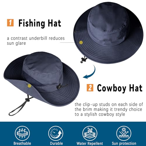 ZOORON Sun Hats for Men Women, Wide Brim Safari Hats UV Protection UPF50+ Waterproof Boonie Hats for Fishing Hiking Camping - color: 2pack-black+navy
