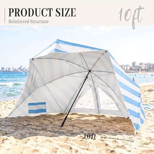 UPWELL Beach Tent Easy Set Up Canopy Sun Shelter Shade with UPF 50+UV Protection Portable Beach Umbrella Outdoor Sunwall with Sand Pockets for Fishing Backyard Camping(Sea Salt Stripe) - color: Sea Salt Stripe