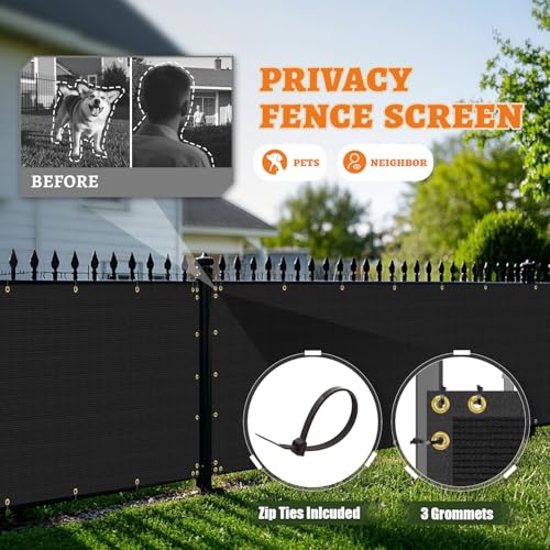 4' x 20' Privacy Fence Screen with Brass Grommets Heavy Duty Fencing Cover Windscreen Mesh Shade Net Cover Zip Ties Included for Backyard Garden Patio Outdoor, Black