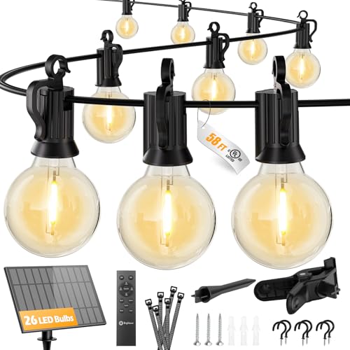 Brightown 58FT Solar String Lights Outdoor with Remote and 26 LED Shatterproof Bulbs, Dimmable & Timable, 3 Light Modes, Solar Patio String Lights Outdoor for Cafe, Garden, Deck, Outside Wedding - size: 58FT
