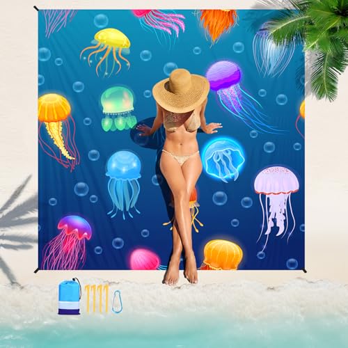 Beach Blanket Waterproof Sandproof 78''×81'' Large Suits 1-5 Adults Oversized Lightweight Picnic Mat Sand-Free Blanket for Camping Hiking Beach Travel - color: Jellyfish, size: 78''x81''