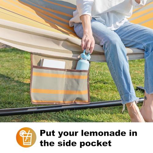 Gafete Waterproof Double Hammock with Stand for Outside Heavy Duty, 2 Person 55'' Large Quick Dry Textilene Hammocks with Hardwood Spreader Bar, Pillow, Pockets, for Outdoor, 475lbs Capacity (Coffee)