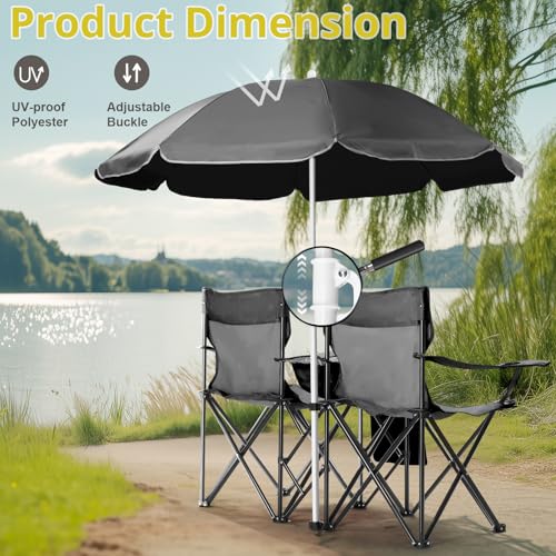 Double Camping Chair with Canopy Shade,Portable Outdoor 2-Seat Beach Chairs for Adults,Folding Lawn Chairs with Sunshade & Table Holder & Carry Bag,Support 360 LBS,for Sports Lawn Patio Outside Black - color: Black
