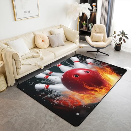 Erosebridal Bowling Party Area Rug for Kids Boys Girls,Bowling Ball Living Room Rugs 3x5,Water and Fire Frame Rug Bedroom Decor,Sports Ball Game Accent Rug Set Non Slip - color: Color 03, size: 4'11" x 3'3" (Rectangular)