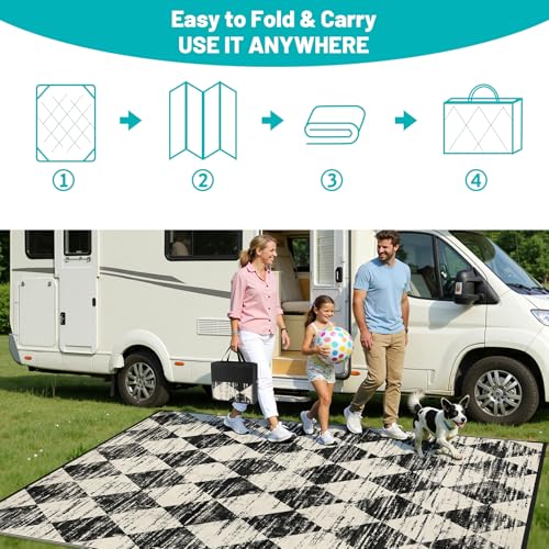 HEBE Checkered Outdoor Rug Waterproof 8x10, Reversible Plastic Straw Rug RV Camping Rug, Indoor Outdoor Patio Mat Clearance, Outside Carpet for Porch, Deck, Camper, Balcony, Backyard, Picnic - color: Beige/Black, size: 8' x 10' (Rectangular)