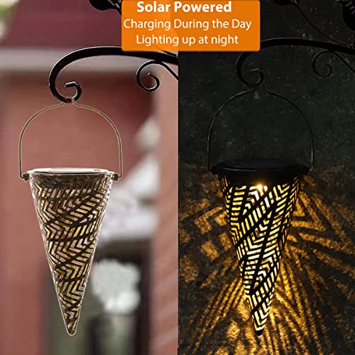 Outdoor Decorative Solar Hanging Lights with Delicate Hollow Conical Lantern Design - Set of 3 Chandelier for Patio, Tree, Garden, Yard, Porch, Backyard Pathway and Christmas Decoration.