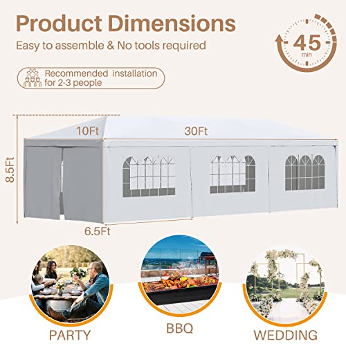 Greesum 10x30 Outdoor Canopy with with 6 Side Removable Walls, Upgrade Patio Camping Heavy Duty Gazebo Shelter for Party Wedding BBQ Events, Waterproof Tent, White
