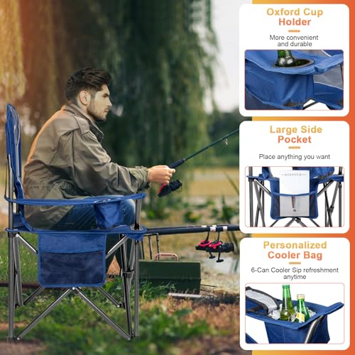 Romswi Oversized Camping Chairs,Heavy Duty Support 500 LBS,Padded Back & Arm Sport Chairs, Cup Holder Cooler Bag, Collapsible Folding Chairs for Outdoor, Fishing & Garden, Blue,2-Pack - color: Blue