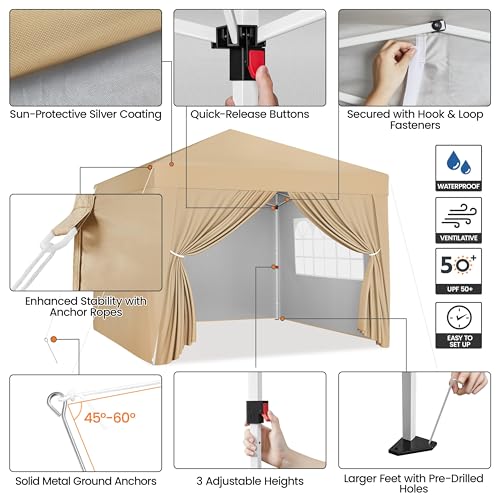 Yaheetech 10x10 Pop Up Canopy with 4 Removable Sidewalls, Portable Enclosed Instant Tent, Waterproof Outdoor Tent, Beach Sun Shelter with 4 Sandbags, 12 Stakes & 4 Ropes, Khaki - color: Khaki, size: 10x10