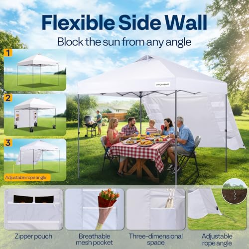 VIVOHOME 10x10ft Pop Up Canopy Tent with Sidewall and 6 Pockets, One Push Setup Outdoor Portable Shelter Tent Heavy Duty with Wheel Carry Bag and 4 Sandbags, White - color: White