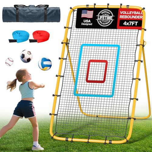 Volleyball Rebounder Net 7x4 Ft, 5-Angle Adjustable Rebounder Net for Practicing Digging, Setting, Spiking, Bounce Back Training Equipment with 2 Target Stripes & Portable Travel Bag for Storage - color: NET101-Yellow