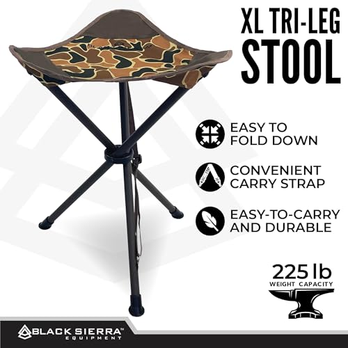 Black Sierra Folding Hunting Stool w/Shoulder Strap Supports 225 lbs, Lightweight Collapsible Tripod Seat, Foldable Steel Frame Chair Perfect for the Hunting Blind - color: Axs Heritage Camo