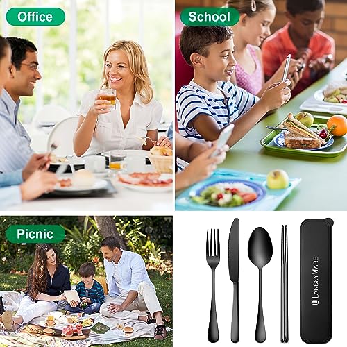 Travel Utensils, 18/8 Stainless Steel 4pcs Cutlery Set Portable Camp Reusable Flatware Silverware, Include Fork Spoon Chopsticks with Case (black) - color: Black - 4 PCs - Chopsticks