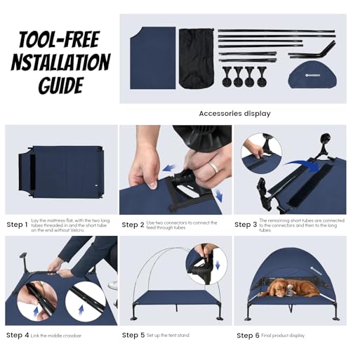 KINGROCK Elevated Dog Bed with Removable Canopy Portable Outdoor Pet Cot Waterproof 600D Oxford Fabric Anti Slip Feet for Large Dogs Camping Beach Indoor and Outdoor Use - color: Navy, size: 42.5"L x 30"W x 33"Th