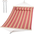 SUNCREAT Double Hammock Quilted Fabric Swing with Spreader Bar, Detachable Pillow, 55” x79” Large Hammock, Red Stripes - color: Red Stripes