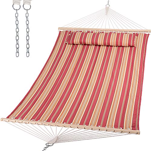SUNCREAT Double Hammock Quilted Fabric Swing with Spreader Bar, Detachable Pillow, 55” x79” Large Hammock, Red Stripes - color: Red Stripes