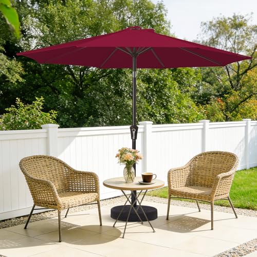 MEWAY 9ft Patio Umbrella Outdoor Table Umbrellas with Push Button Tilt and Crank, Market Umbrella 8 Sturdy Ribs for Deck, Garden, Pool and Backyard, Dark Red - color: Dark Red, size: 9ft