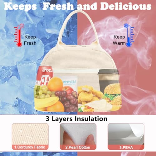 FlowFly Lunch Bag for Women Insulated Lunch Box Corduroy Lunch Tote Cooler for Travel Work Picnic,Corduroy Beige - color: Corduroy Beige