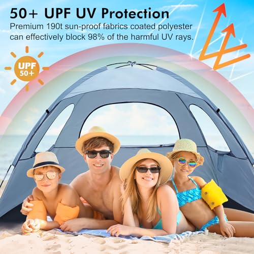 WhiteFang Beach Tent Anti-UV Portable Sun Shade Shelter for 3/4/6/8 Person, Extendable Floor with 3 Ventilating Mesh Windows Plus Carrying Bag, Stakes and Guy Lines - color: Sierra Blue, size: 4 Person