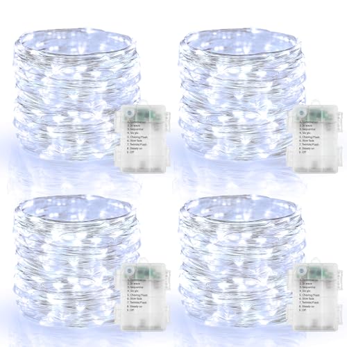 4 Pack Battery Operated Fairy Lights 16.4 Ft 50 LED Christmas Fairy Lights with Auto Timer 8 Modes, Waterproof Silver Wire Battery Twinkle Lights for Wedding Christmas Decor (Cool White) - color: Cool White-Silver Wire