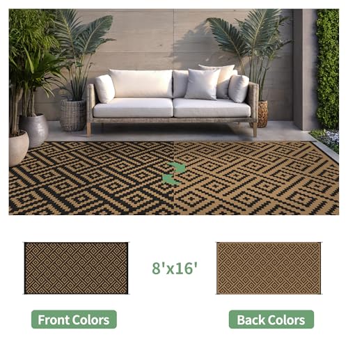 sarben Outdoor Rug for Patio - Waterproof Plastic Straw Camping Rugs 8x16 ft, Reversible Outdoor Indoor RV Mat Carpet for Patio, Porch, Deck, Balcony, Picnic, Beach, Black Brown - color: Black&brown, size: 8' x 16' (Rectangular)