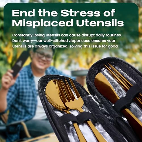 Taplord Portable Travel Silverware Set With Case, Includes 5 Pcs of Travel Utensils With Case, Stainless Steel Flatware Set For Camping, Easy to Travel, Lightweight (Gold) - color: Gold, size: 5 Pieces