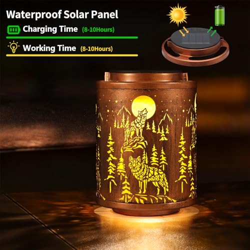Solar Lanterns Garden Decor Birthday Gifts for Women Mon Grandma Metal Hanging Solar Lights Waterproof Outdoor Decoration for Outside LED Lanterns for Yard Patio Lawn Pathway(Wolf) - style: Wolf