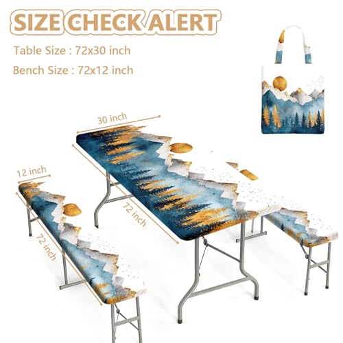 Picnic Table Cover with Bench Covers Elastic Edges, Outdoor Patio Camping Essentials 72 Inch 3PCS, Waterproof Camping Fitted Tablecloth with Handbags (Boho mountain) - color: Mountain View