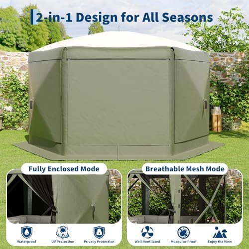GarveeLife 11.5x11.5FT 6-Sided Pop Up Gazebo Tent，One-Push Setup Canopy Tent with Mesh Panels & Removable Wind Cloths, Outdoor shelter for Camping, Backyard Parties, Outdoor Events - Army Green - color: Army Green, size: Traditional Top - 11.5ft