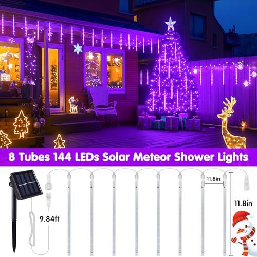 JMEXSUS Solar Christmas Lights Outdoor, 8 Tube 144 LEDs Solar Meteor Shower Lights, Purple Christmas Light for Tree Fence Eaves Patio Yard Holiday Party Decor - color: Purple, size: 1*144LED
