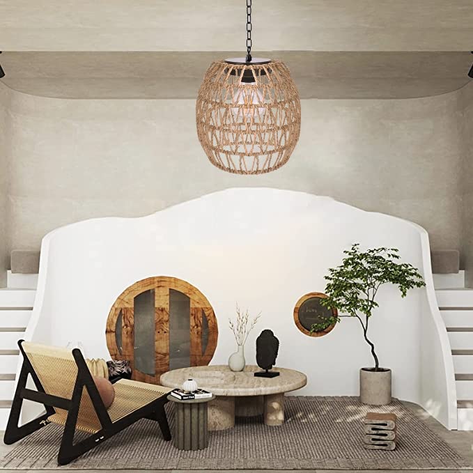 Livinlarge Boho Pendant Solar Light Rustic Hand-Woven Rattan Chandelier Coastal Retro Lamp Wedding Garden Courtyard Hallway Entryway Decoration. - style: Solar Pendant Lamp