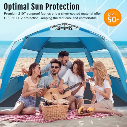 WhiteFang Deluxe Pop Up Beach Tent Sun Shade Shelter for 3-4/5-6 Person, UV Protection, Extendable Floor with 3 Ventilating Windows Plus Carrying Bag, Stakes, and Guy Lines - color: Solid Blue, size: Xx-large