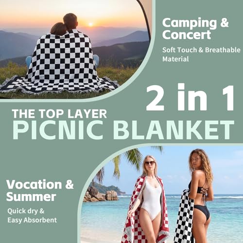 2 in 1 Extra Large Boho Beach Blanket Towel Picnic Mat Adult Men Guy Him Brother Dad Boyfriend Uncle Niece Best Friend Friendship Grandpa Grandfather Husband Son in Law Happy Birthday Cool Unique Gift - color: Checkered Black