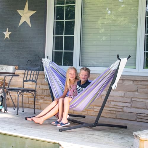 Vivere Double Cotton Hammock with Space Saving Steel Stand, Upgraded Polyester End Strings 450 lb Capacity - Premium Carry Bag Included - USA Grown Cotton (Tranquility) - color: Tranquility
