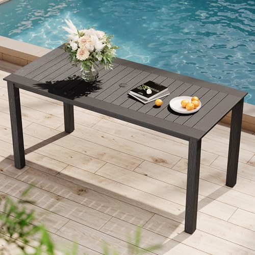 YEFU Outdoor Dining Table for 6: All Weather Rectangular Patio Table with Umbrella Hole and Aluminum Frame - Outdoor Furniture for Outside Backyard/Garden/Pool/Porch/Deck, 300lbs Capacity, Grey - color: Dark Grey, size: 1 Table