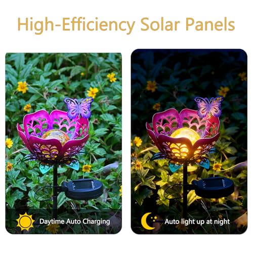Solar Lights Outdoor Garden Decor, Metal Tulip & Butterfly Decoration Solar Lawn Lamp for Courtyard, Metal Flowers Outdoor Waterproof for Landscape Patio Yard Decor (Purple) - color: Purple