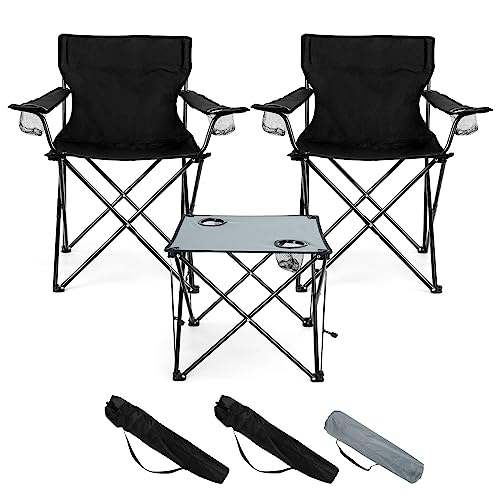 HaSteeL Folding Camping Chair Set of 3, Foldable Black Camp Chairs & Grey Table, Large Lawn Chair Portable for Adults Hiking, Fishing, Picnic, Outdoor BBQ, Travel, Sports, Cup Holders & Storage Bags - color: Black Chairs
