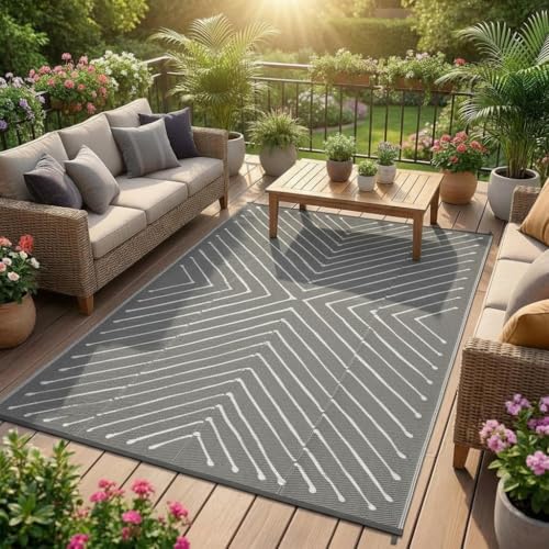 Garvee 8x10 Outdoor Patio Carpet Reversible Waterproof, Large Portable RV Camping Rug for Deck, Porch, Backyard, Balcony, Beach, Grey&White Outdoor Mat - color: Greywhite, size: 8' x 10' (Rectangular)