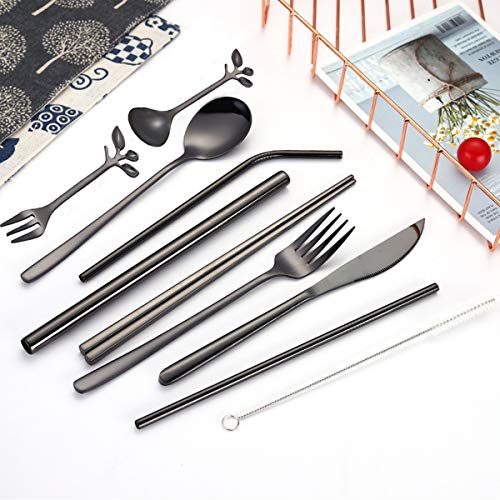Travel Utensils Set with Case Reusable Stainless Steel Silverware Flatware Set 9 Pcs Portable Cutlery Eating Utensils Set for Lunch Boxes Workplace Camping School, Dishwasher Safe (Black) - color: Black Cutlery Set