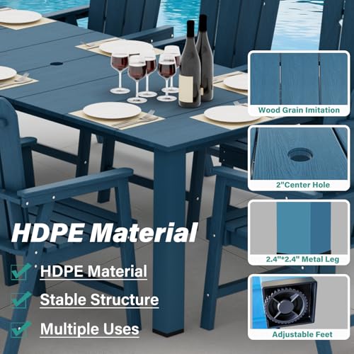 9-Piece Patio Dining Set, Outdoor Dining Set for 8, Large HDPE All-Weather Outdoor Furniture with 89.57” Umbrella Hole Table, 8 Armchairs, Navy - color: Navy, size: 8 Armchairs