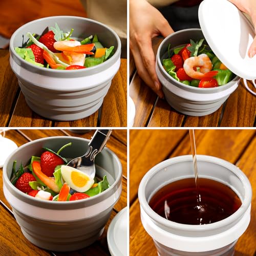 Odoland Camping Collapsible Silicone Cup and Bowl Set, Portable Mess Kit with Stainless Steel Spork and Lid for 1 Person Backpacking, Family Cookware, Hiking, Picnic, Travel