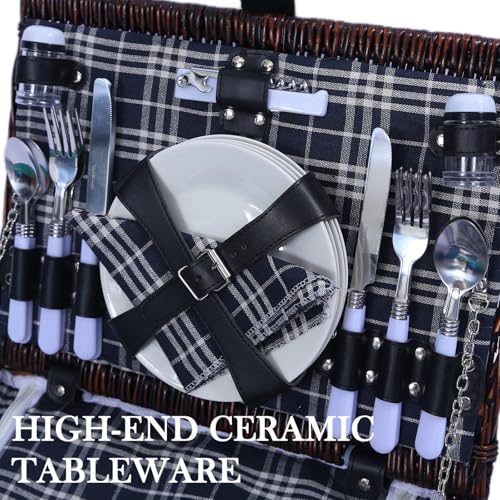 Neti Neti Wicker Picnic Basket for 4 with Insulated Cooler & Waterproof Blanket – Large Willow Picnic Hamper for Outdoor, Camping, Beach, Romantic Dates, Valentine’s Day - color: Black & White Checkerboard