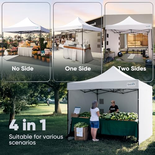 Quictent 10x10 Heavy Duty Pop up Canopy Tent with 3 Removable Sidewalls, Commercial Grade Instant Shelter with Wheeled Bag for Outdoor, Parties, Markets, 600D PU Coated UPF 50+ Sun Shield - color: Off White, size: 10x10