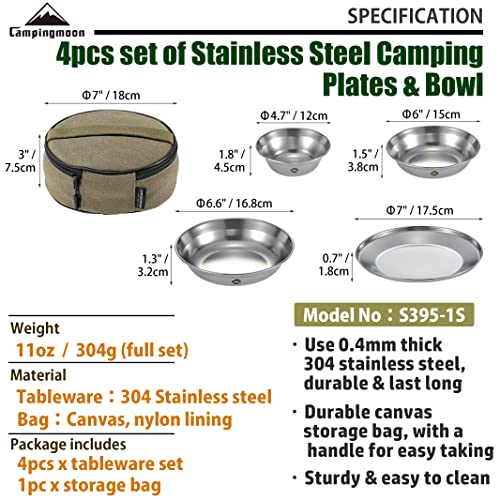 CAMPINGMOON Camping Tableware Set Stainless Steel Camping Plates Bowl Stackable Outdoor Dinnerware Canvas Carry Case Camping Hiking Picnic - color: Silver