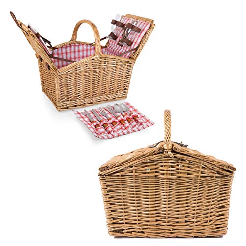 PICNIC TIME Piccadilly Picnic Basket for 2, Romantic Vintage English-Style Wooden Basket, Complete Deluxe Service for Two with Fully-lined Interior and Double-lid Design, (Red & White Plaid Pattern) - color: Red