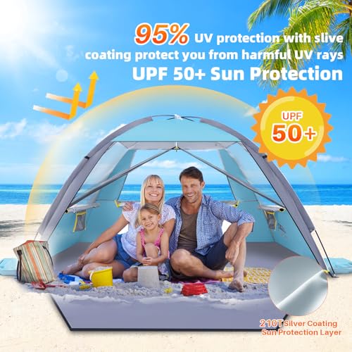Happy Travel Beach Tent, UPF 50+ UV Protection Sun Shade Shelter for 3/4/5/6/7/8 Person, Portable Beach Canopy for Family & Baby, Lightweight & Easy Setup Beach Cabana with 3 Ventilation Mesh Windows - color: Light Blue, size: 3 Person