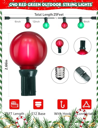 25Ft LED Christmas Outdoor String Lights, G40 Globe String Lights with 27 0.6W Red Green Bulbs, Vintage Christmas Lights for Holiday Party Backyard Wedding Garden Patio Porch Decor - color: Frosted Red/Green, size: 25Ft