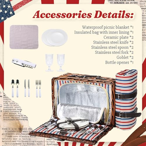 Wicker Picnic Basket for 2 with Waterproof Picnic Blanket and Insulated Bag Classic Red, White and Blue Stripes for Soccer Game, Camping, Travel, Birthday Gift, Wedding Gift - color: Retro Red White and Blue Stripes